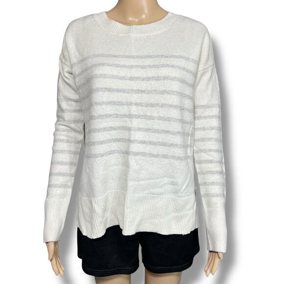 GAP Womens Pullover Knit Sweater Striped Wool Blend Long Sleeve White Gray - Picture 1 of 7
